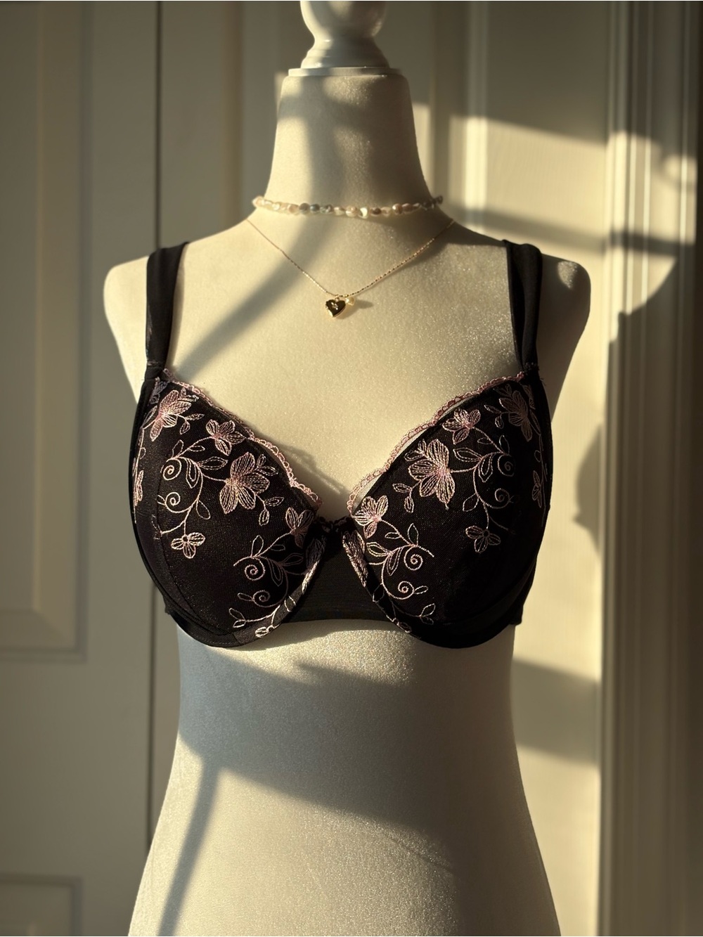Adore Me Black Bra with Pink Floral Embroidery